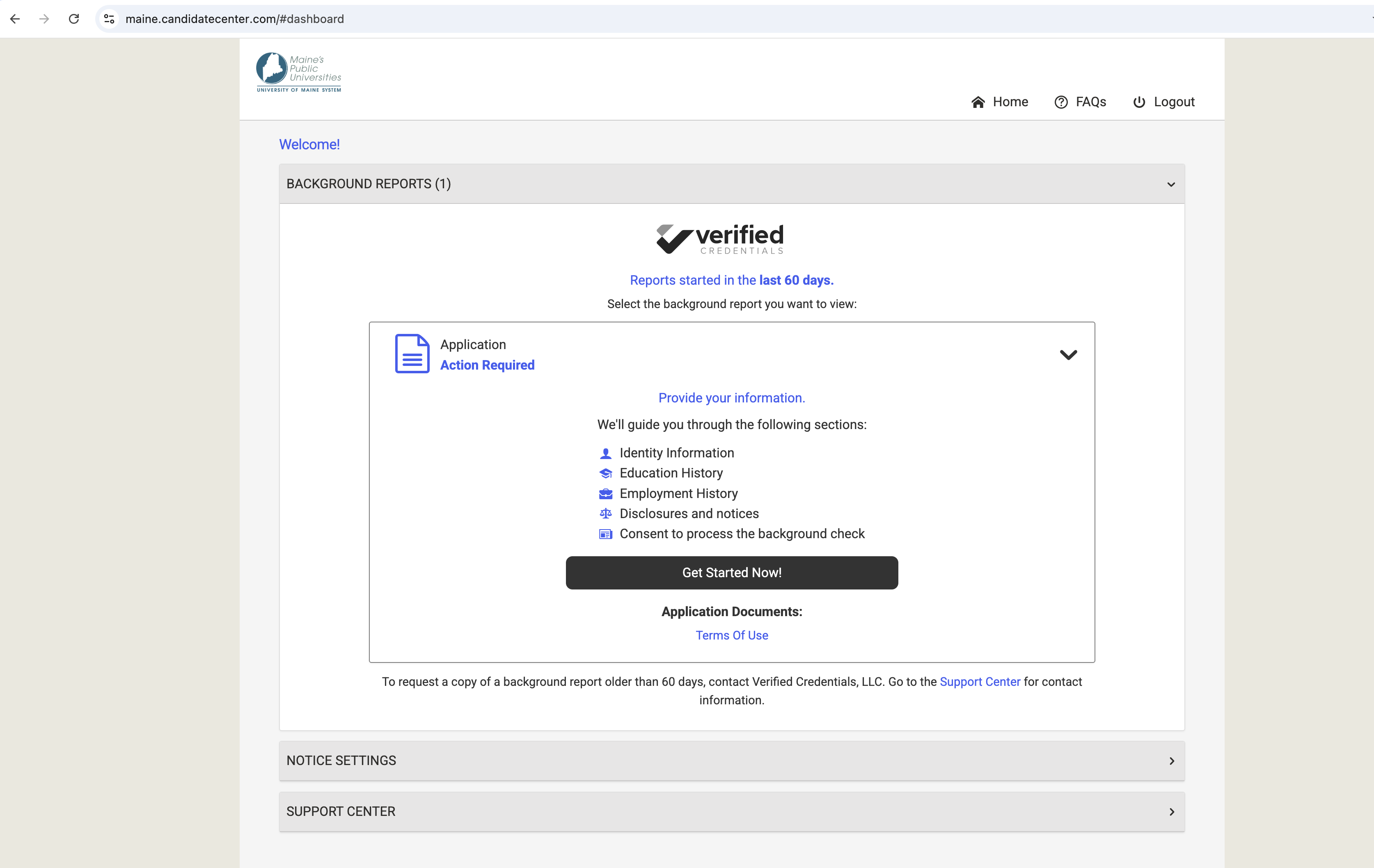 Dashboard view of a background check application showing a pending action and steps including identity, education, employment, and consent.