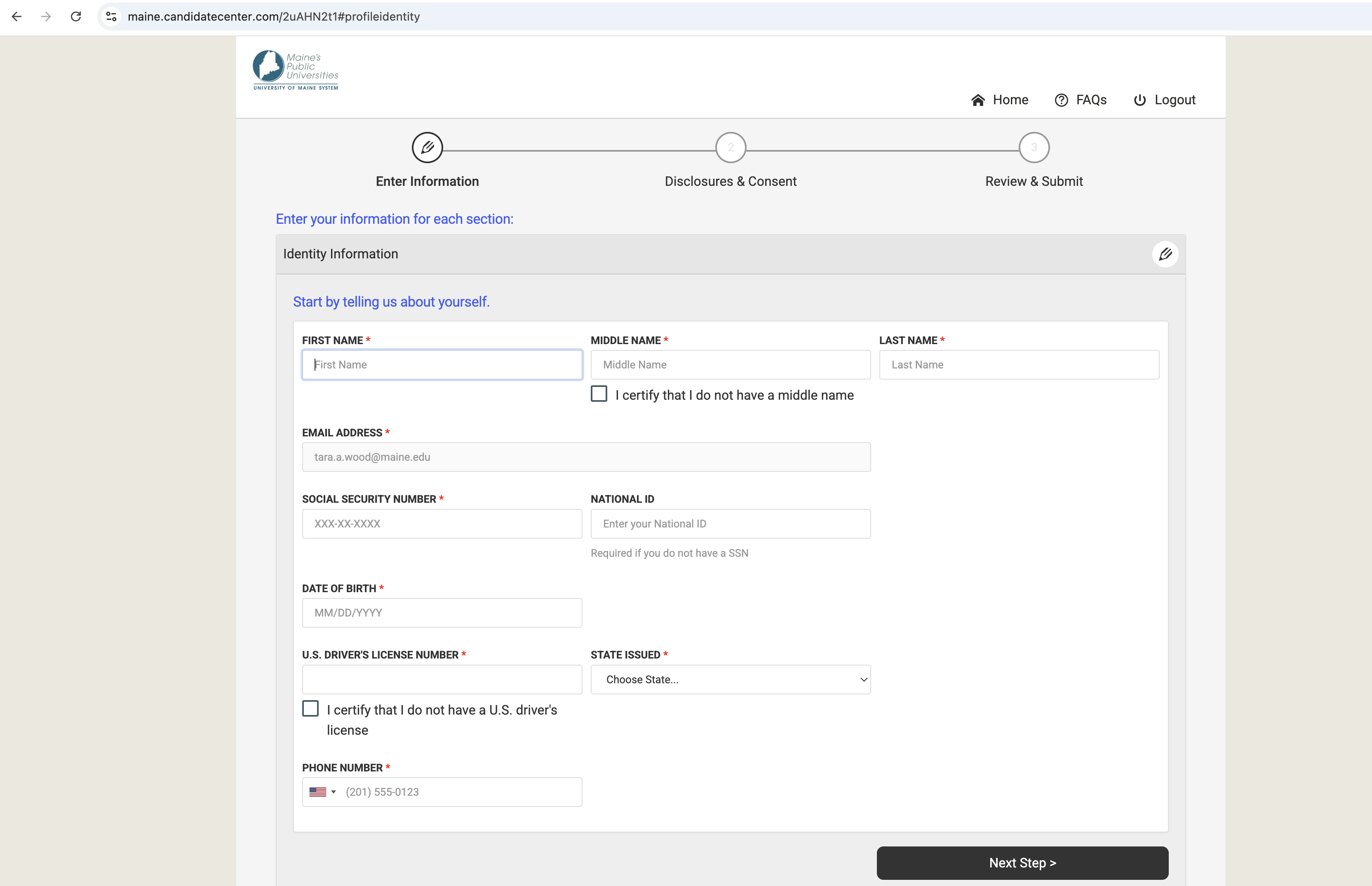 Identity information entry form including fields for name, email, SSN, date of birth, license number, and phone number.