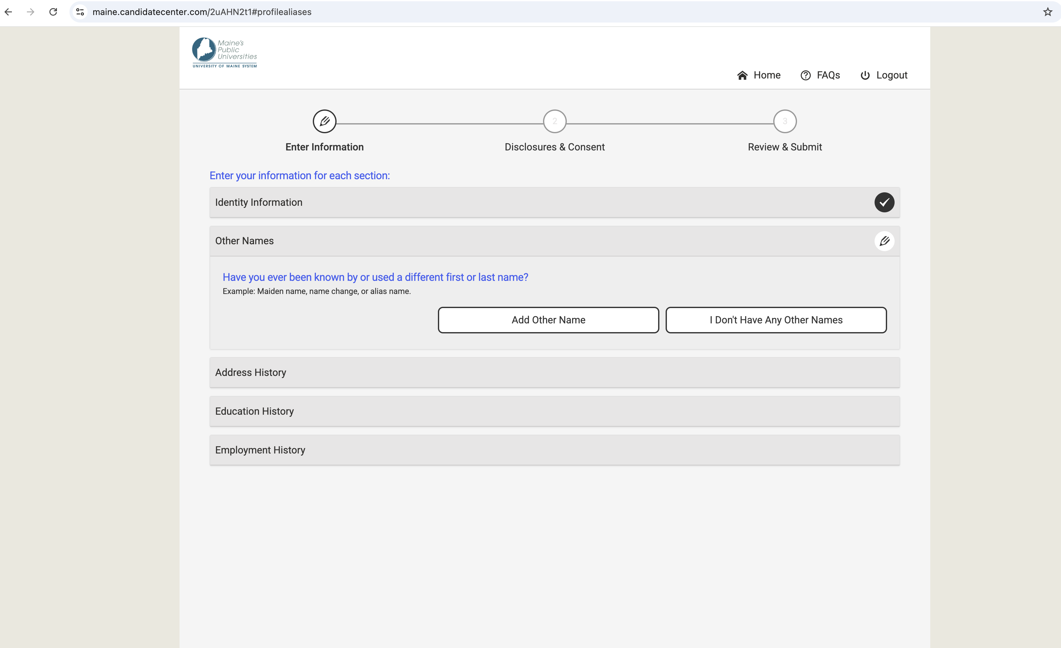 Profile entry page asking if the applicant has used any other names, with sections for address, education, and employment history.