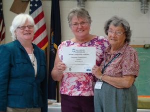 (l to r) Deborah Gardner, Senior Companion Program Coordinator for Washington County and Wanda Lincoln, SCP Statewide Director present Alice White of Baileyville with her certificate for 31 years of service to the program.  Alice has been a Senior Companion volunteer longer than anyone else in the state of Maine.