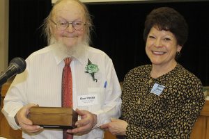 Ron Pesha of Lubec was honored with the Norman W. Duzen Community Service Award. Presenting the award is Marianne Moore, president of the Washington County Extension Association.