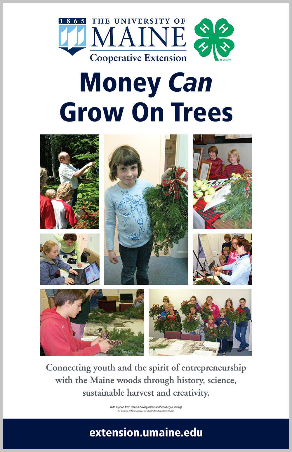 Panel 2 of Money Can Grow on Trees display: collage of photos showing 4-H'ers making balsam swags