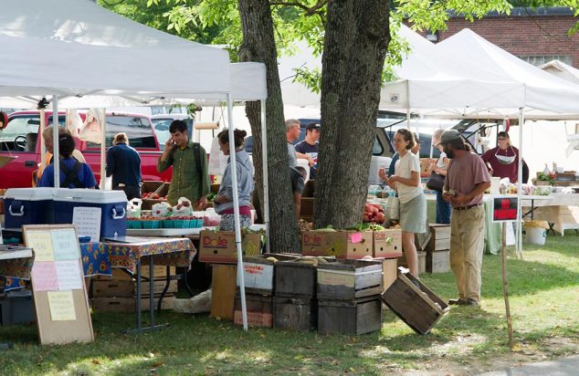 group of vendors and shoppers at an outdoor farmers' market in Orono