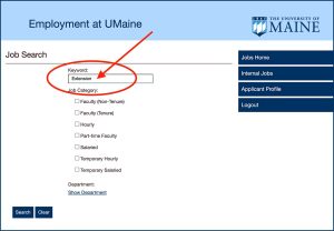 a screenshot of the Employment at Maine web page with the Extension listed as a keyword for searching