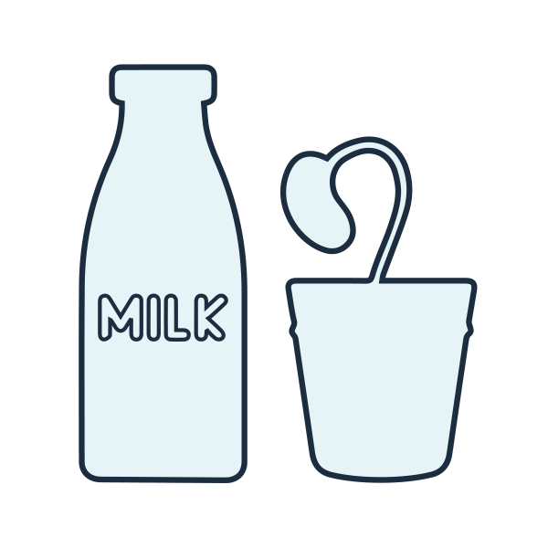 line art icon graphics for a bottle of milk and a seedline in a plant pot
