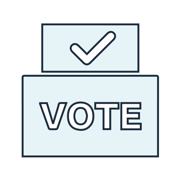 line art graphic icon of a ballot box with the text 'VOTE'
