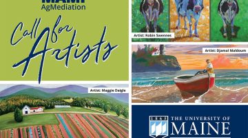 a social media graphic for UMaine Extension/MAMP's Call for Artists - a collage of several pieces of previous art entries