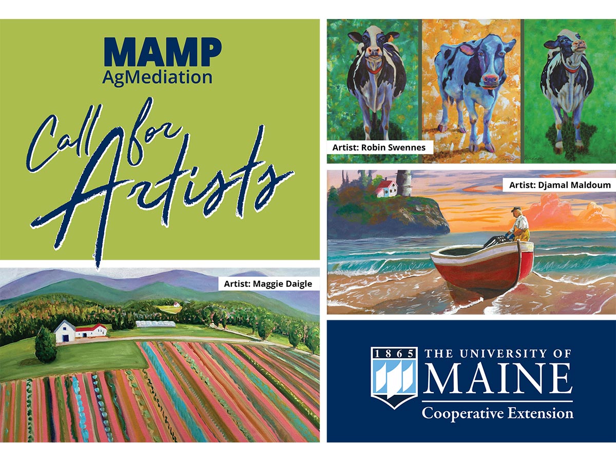 a social media graphic for UMaine Extension/MAMP's Call for Artists - a collage of several pieces of previous art entries