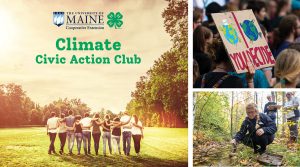 graphic for the Climate Civic Action Club: three pictures of youth working together in nature