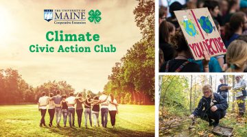 graphic for the Climate Civic Action Club: three pictures of youth working together in nature