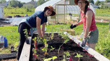 Maine Horticulture Apprentices Vanessa Seder (left) and Annika Schmidt (right) at Tidewater Farm in Falmouth.