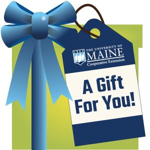 Graphic depiction of a gift box with ribbon and gift tag for a UMaine Extension gift of event or class