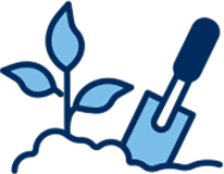 soil tests, a plant in the ground with a spade stuck in the soil beside it - graphic for count up feature on annual report