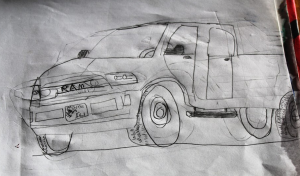 Pencil drawing of pickup truck.